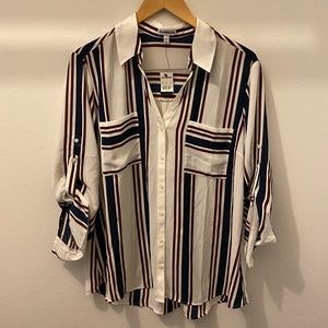 Red white and navy button up blouse